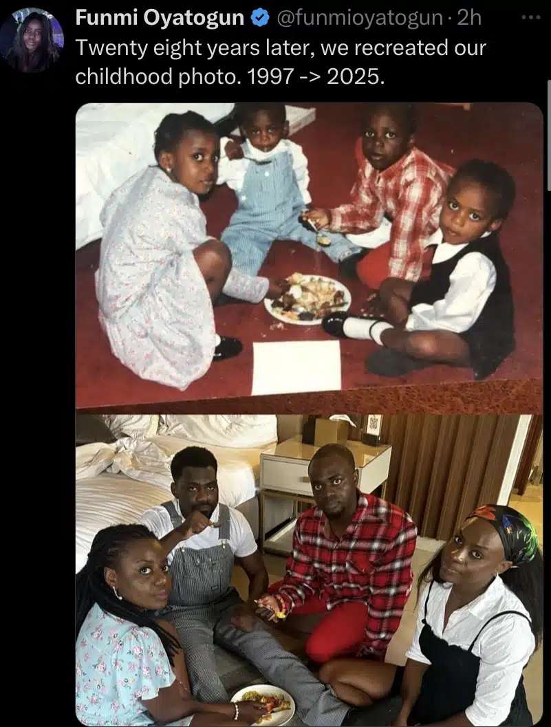Lady goes viral as she recreates childhood photo with her siblings after 28 years