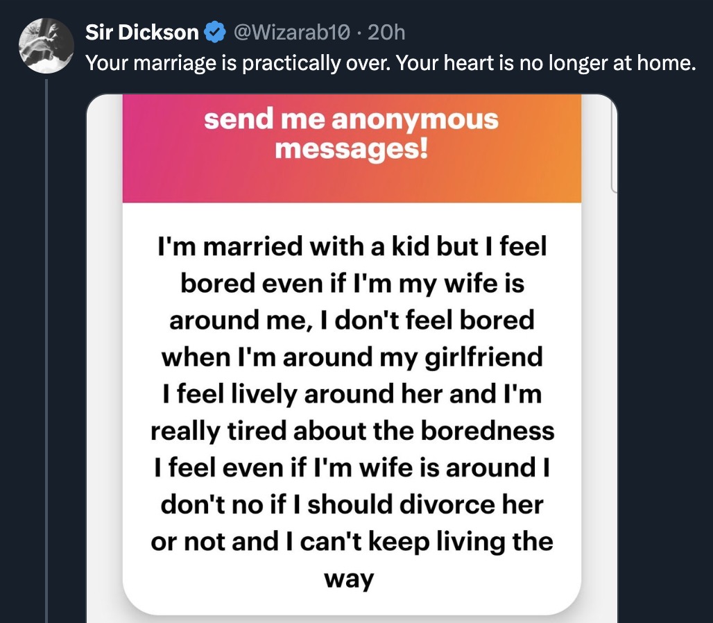 "I feel bored around my wife but happy with girlfriend" - Man seeks advice