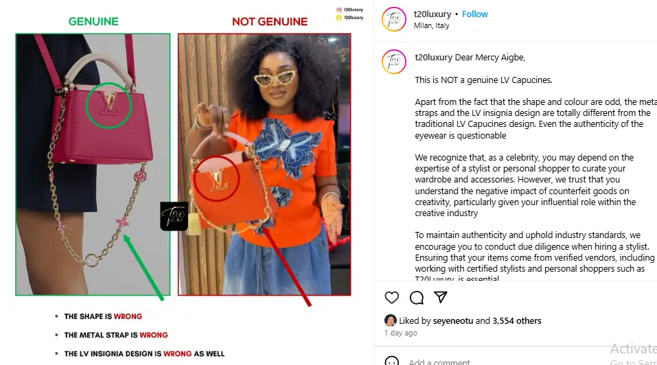 Luxury detective page calls out Mercy Aigbe for flaunting fake bag