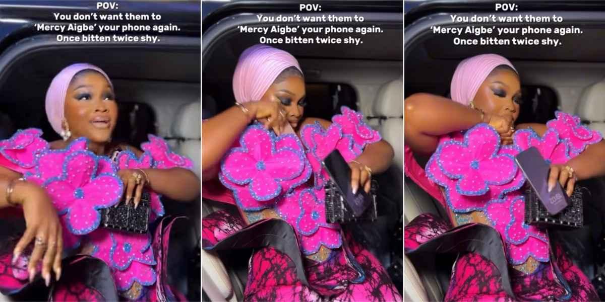 Moment Mercy Aigbe spotted hiding her phones at Eniola Ajao’s movie premiere after losing two at Iyabo Ojo’s event