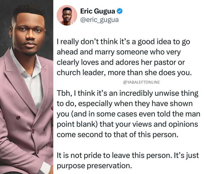 "Don’t marry someone who loves and adores her pastor more than you”