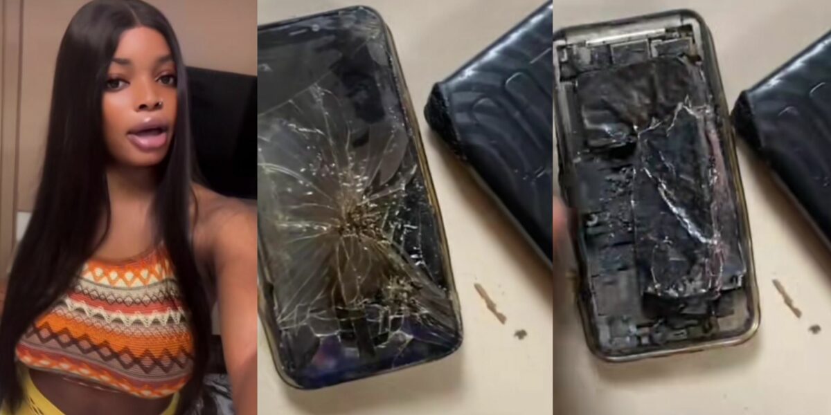 Lady cries out as she shares how her iPhone 13 exploded while she was charging it with a power bank.
