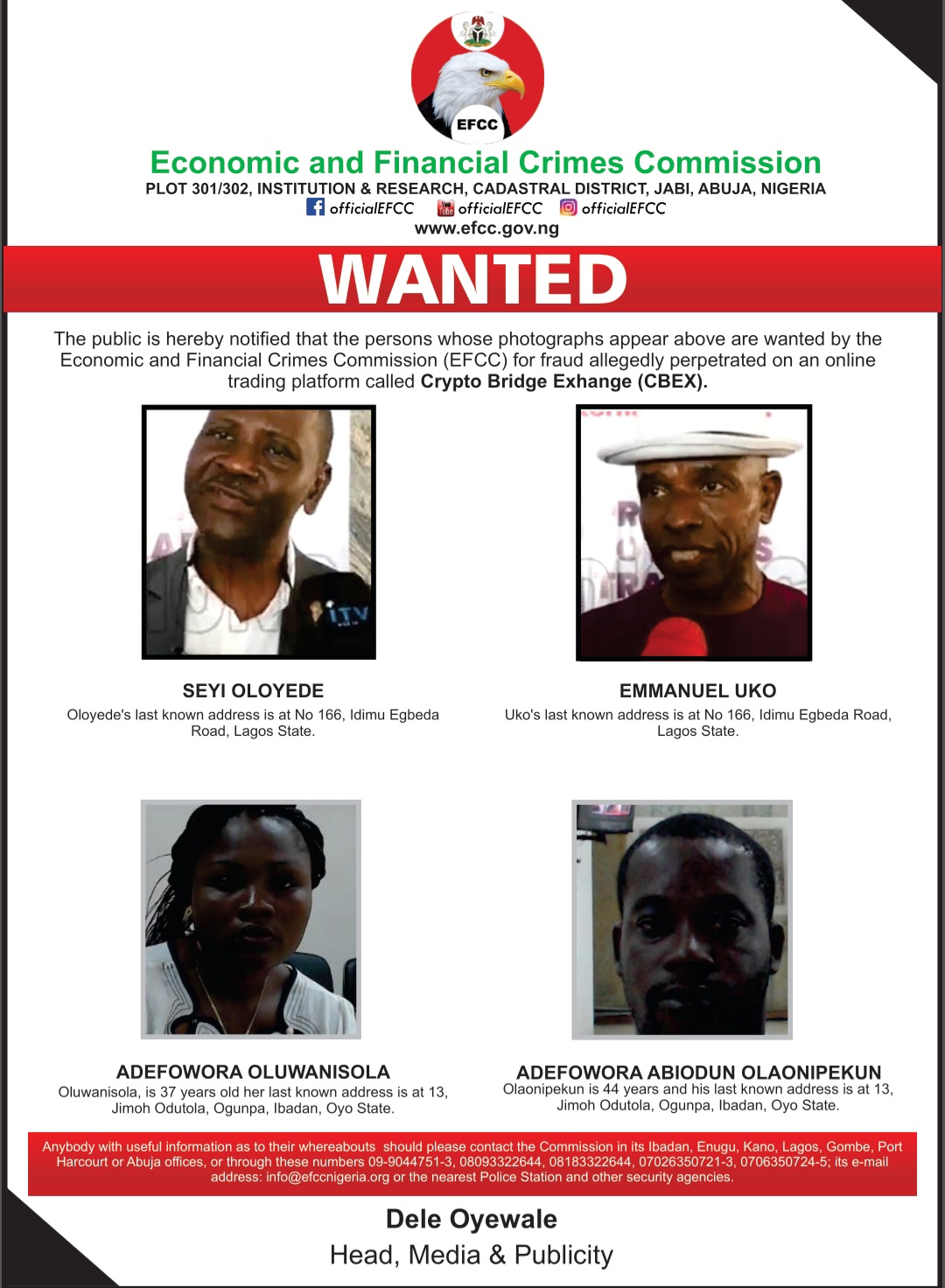 CBEX: EFCC releases photos of those behind scam, declares them wanted