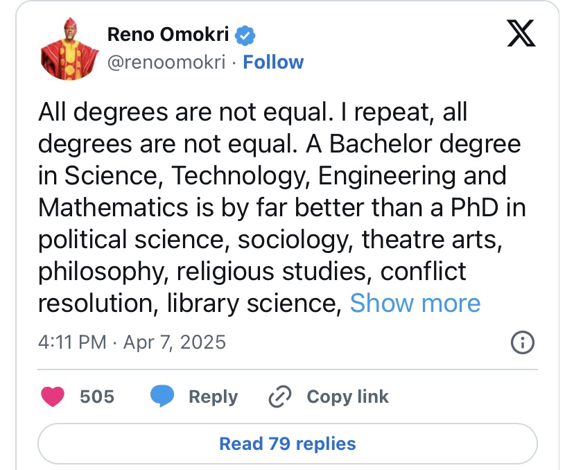 “A BSc in STEM is far better than PhD in Sociology or Philosophy” - Reno Omokri tells students