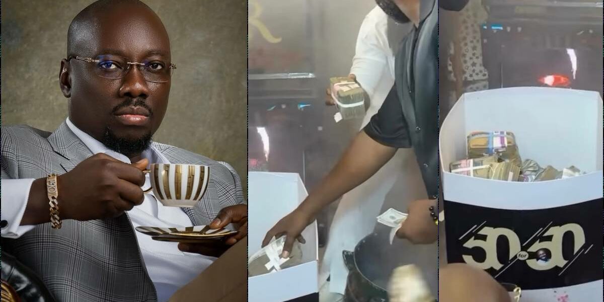 Party attendees shower Obi Cubana with bales of money at 50th birthday
