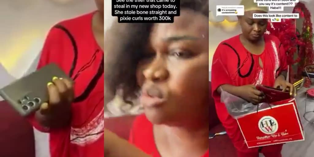 Woman caught on CCTV stealing ₦300k wigs drops phone as guarantee for payment