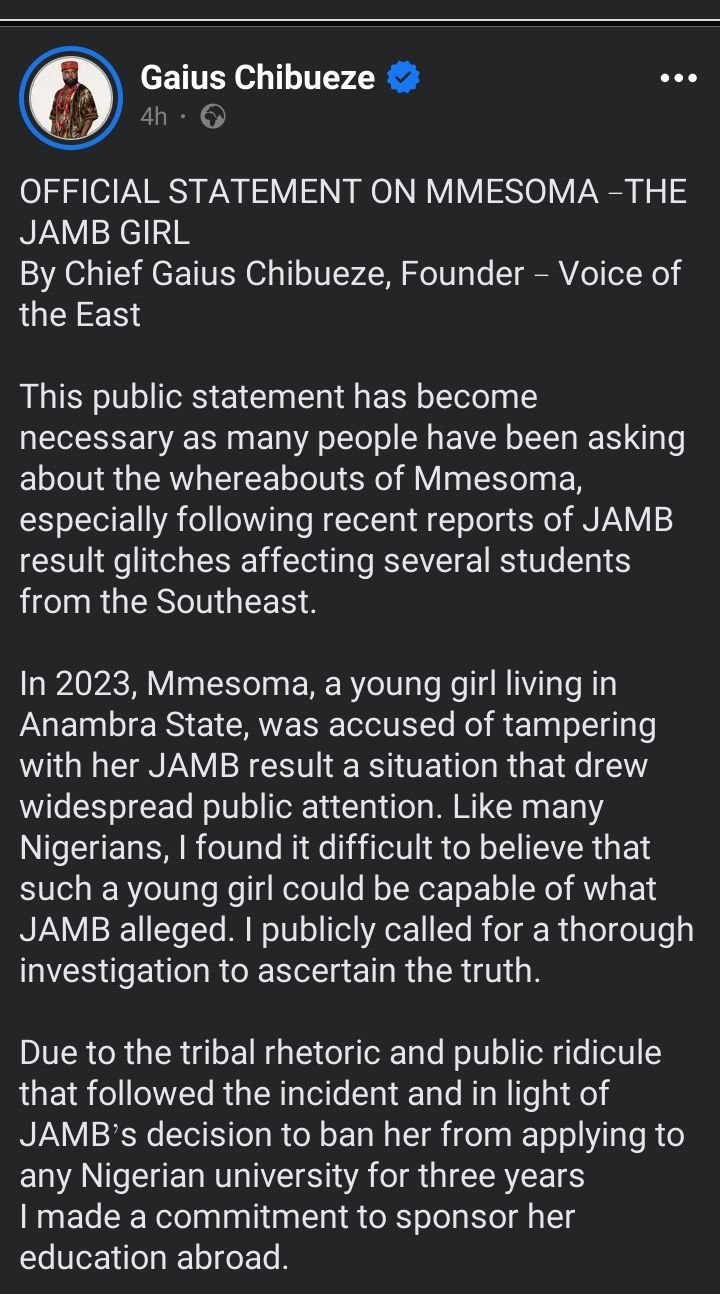 Gaius Chibueze Facebook post