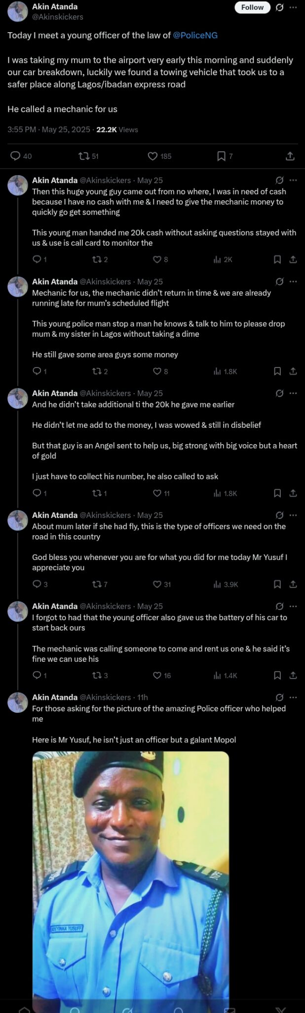 Man applauds police officer who gave ₦20k and helped fix car on Lagos-Ibadan expressway