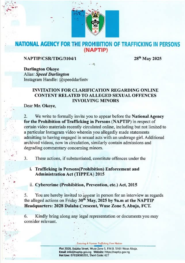 NAPTIP summons Speed Darlington for questioning