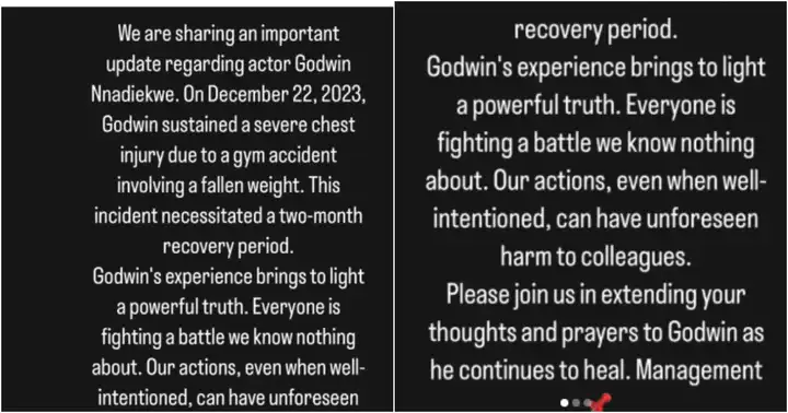 Management team of Godwin Nnadiekwe shares update on his health