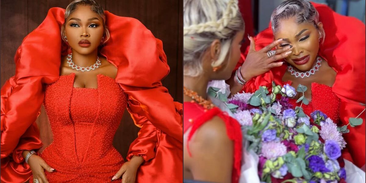 Mercy Aigbe breaks down in tears as she gets flower bouquet at movie premiere