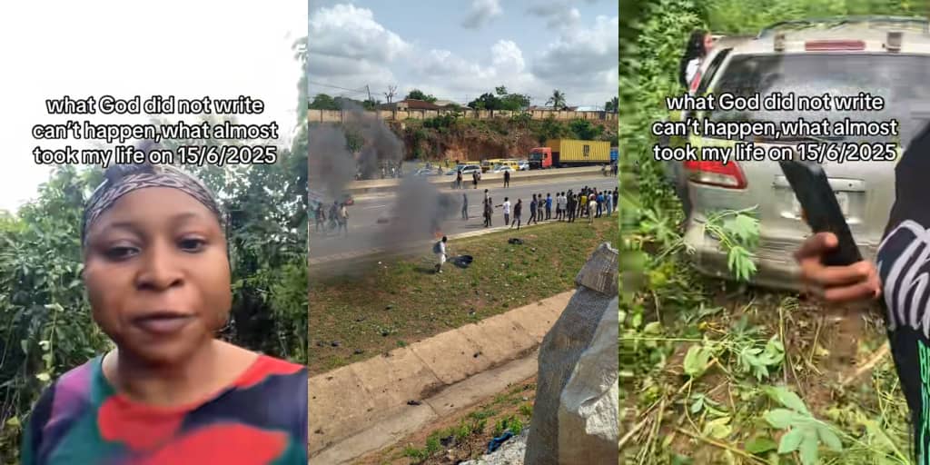 Lady shares how car lost control on expressway, crashes into bush