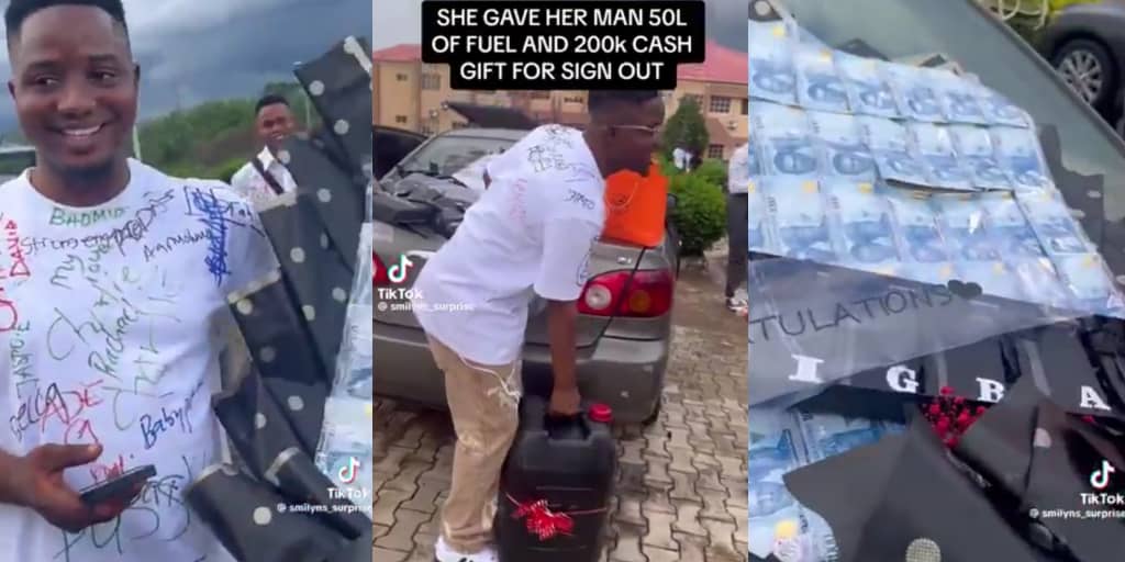 Lady surprises boyfriend with ₦200k, money bouquet, 20-liter fuel on his sign-out day