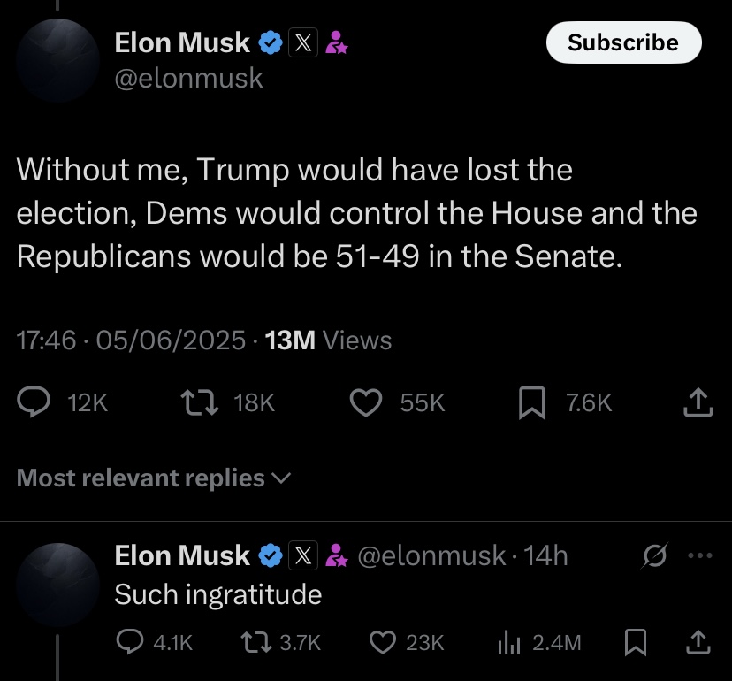 “Without me, you would have lost" – Elon Musk blasts Trump, calls him ungrateful
