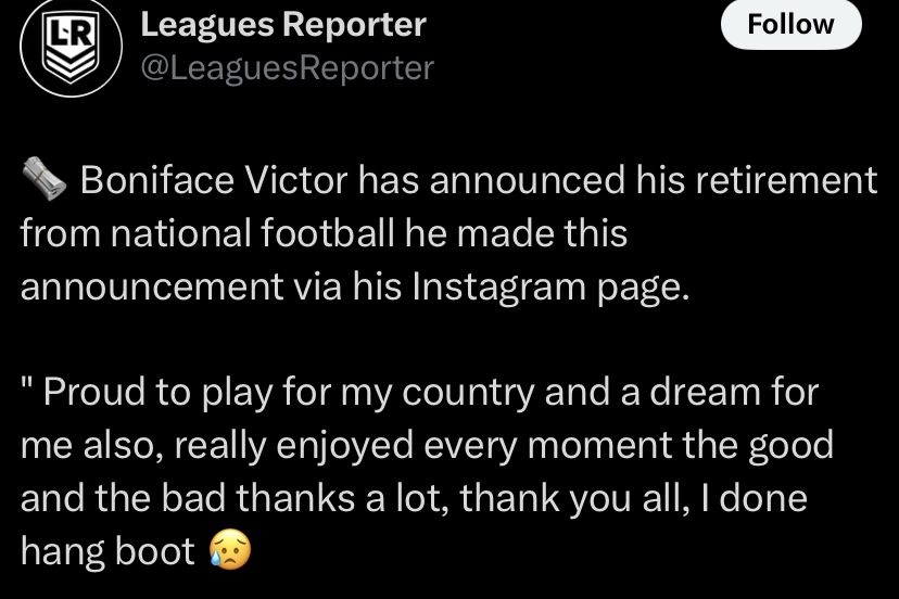 “I don hang boot” – Victor Boniface retires from International football