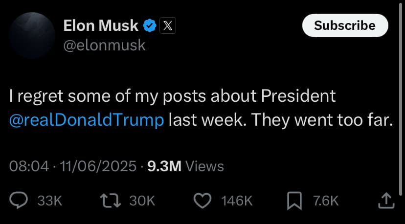 “I went too far” - Elon Musk regrets criticizing Trump