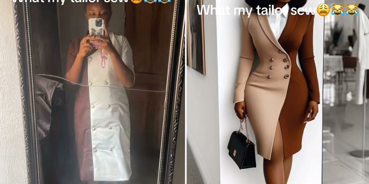 Lady laments as she shows off what she ordered vs what her tailor made