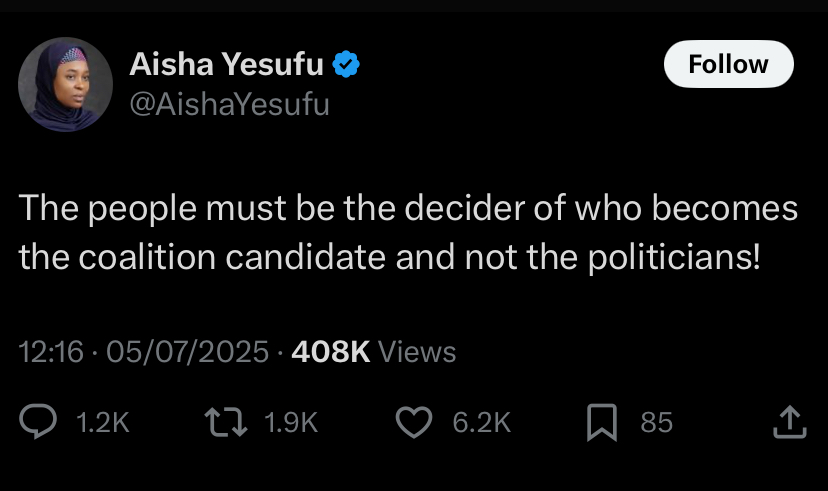 2027: “Only Nigerians, not politicians, will pick ADC coalition candidate” - Aisha Yesufu