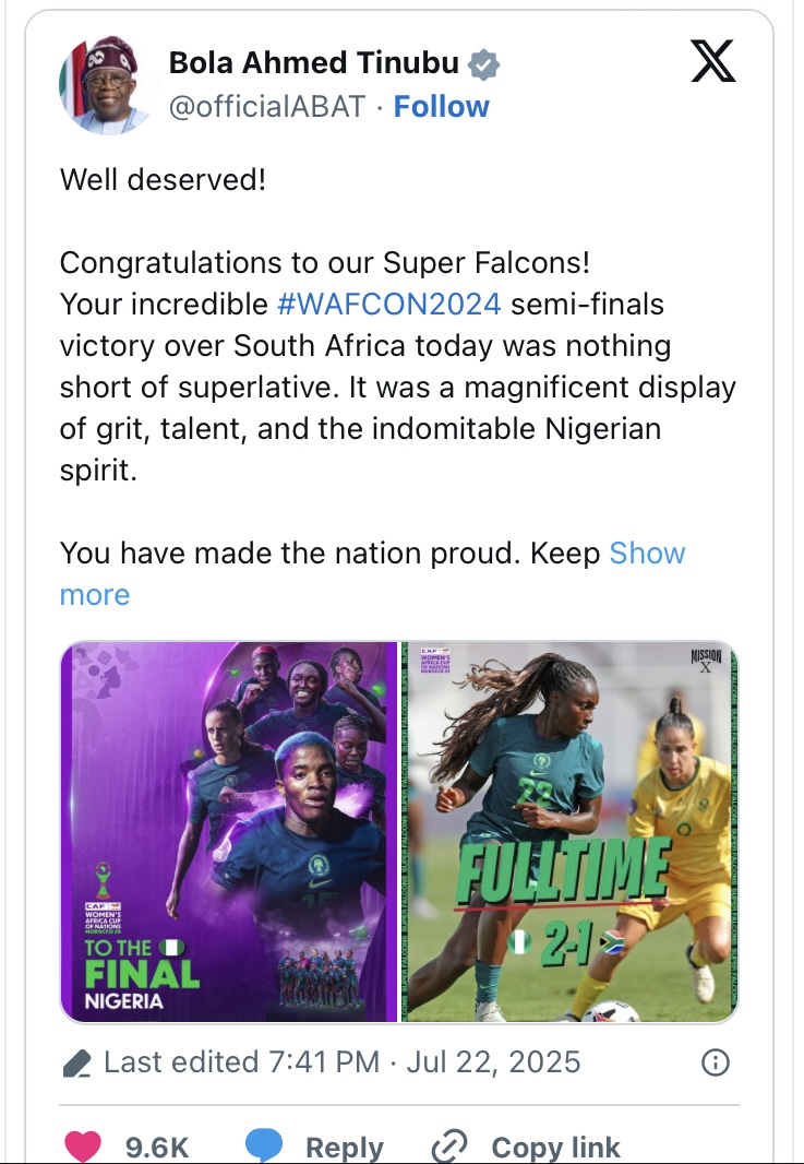"Bring the Trophy home” - Tinubu reacts, hails Super Falcons as they reach WAFCON final
