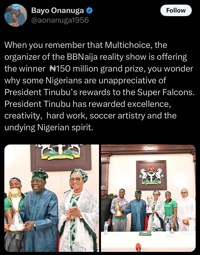 “Why complain?” - If BBNaija winner gets N150m, Falcons deserve Tinubu’s reward” – Tinubu’s aide