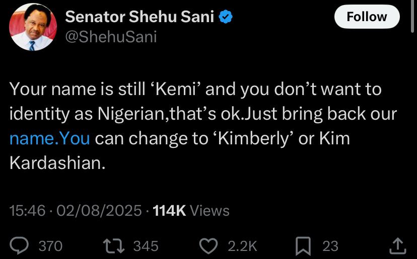 “You can’t drop Nigeria without dropping ‘Kemi’” - Shehu Sani mocks Kemi Badenoch after she renounced Nigeria