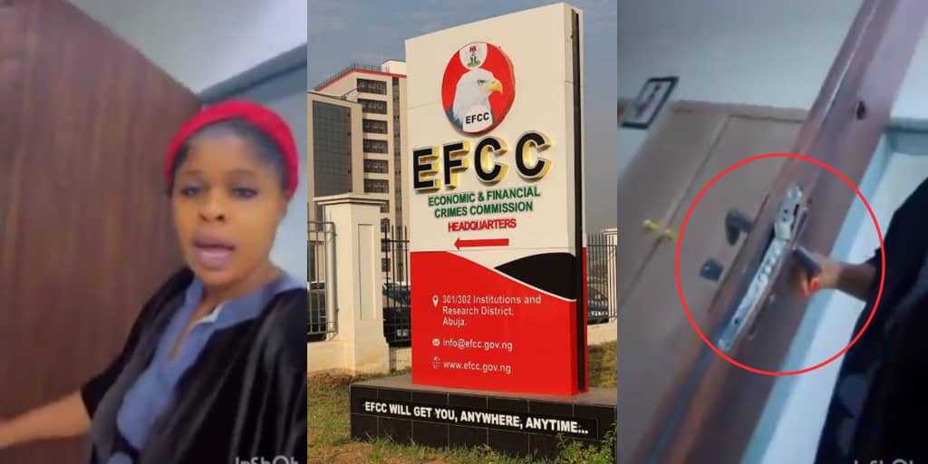 Woman cries out as EFCC storms home at 4am, breaks door to check husband's phone