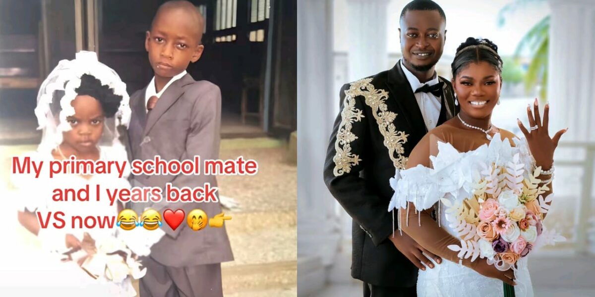 Lady weds primary school classmate she once played bride with