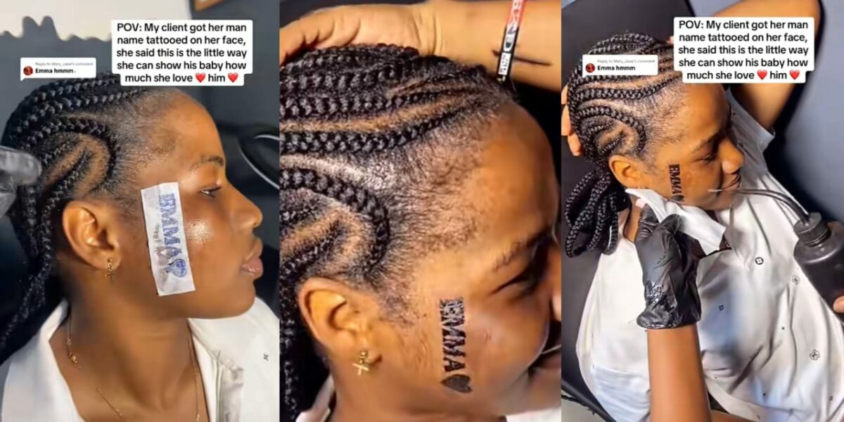 Lady gets permanent tattoo of boyfriend’s name on her face to prove love