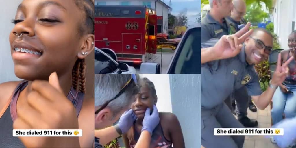 Lady calls 911 after braces get stuck to her cheek, ambulance and doctors arrive rush to scene