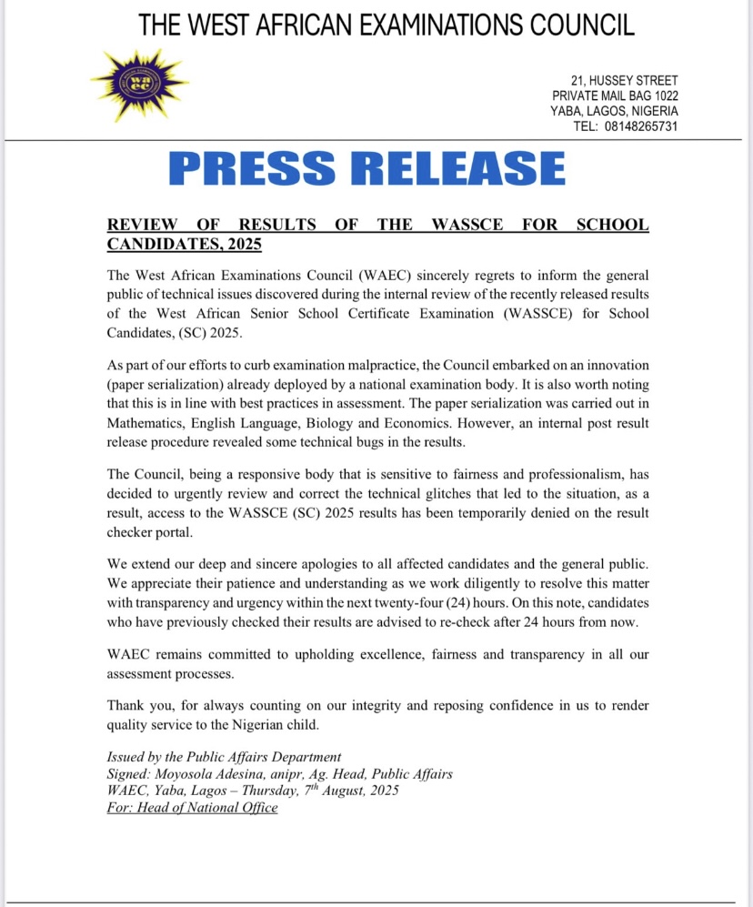 "We’re sorry" - WAEC apologizes, urges students to recheck 2025 results after alleged glitch