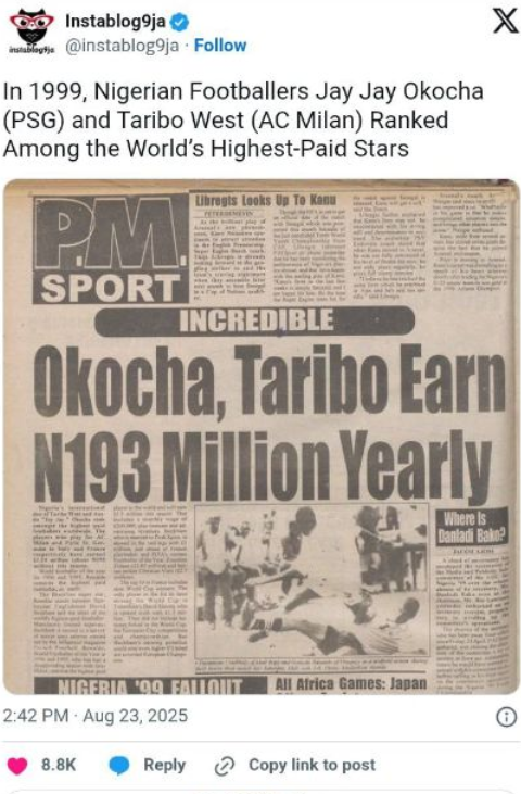 Taribo West’s alleged salary emerges online after blasting FG for abandoning retired football stars
