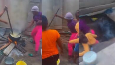 Shocking moment ladies fall into soakaway while cooking