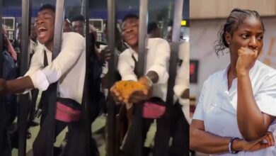Drama as young man traps himself while collecting Hilda Baci’s jollof rice through iron gate