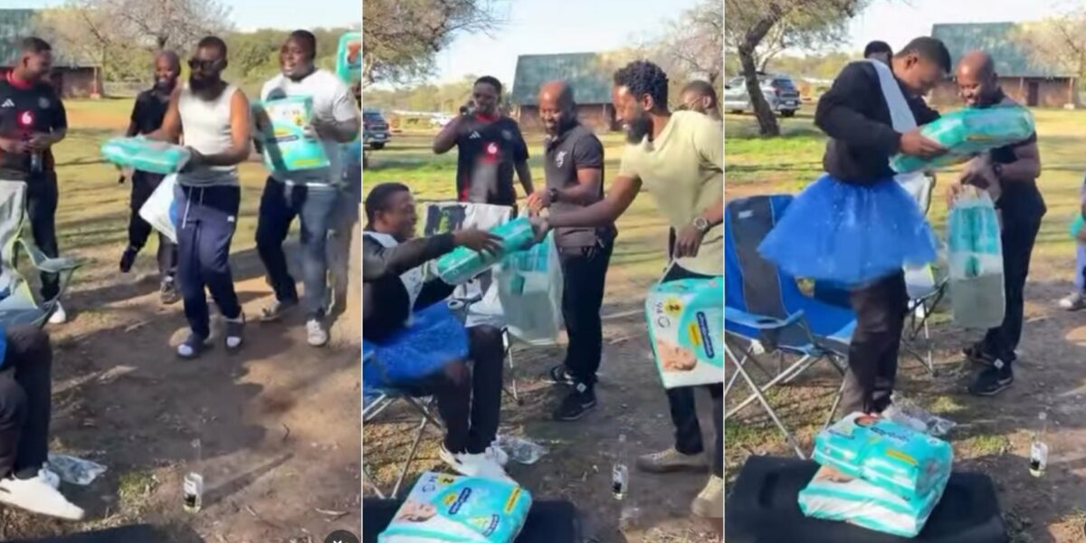 Moment group of men throw baby shower for their expectant friend