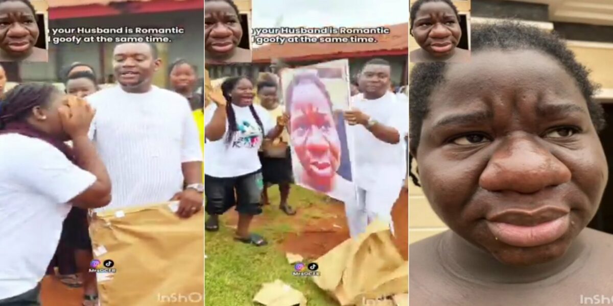 Romantic moment man gifts wife enlarged photo of her face during pregnancy