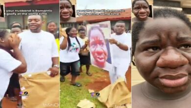 Romantic moment man gifts wife enlarged photo of her face during pregnancy