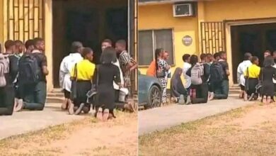 Freshers spotted on their knees begging their lecturer to allow them back into the class.