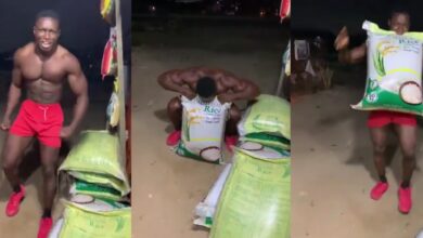 Man vows to lift 6 big bags of rice with his teeth, sparks online reactions