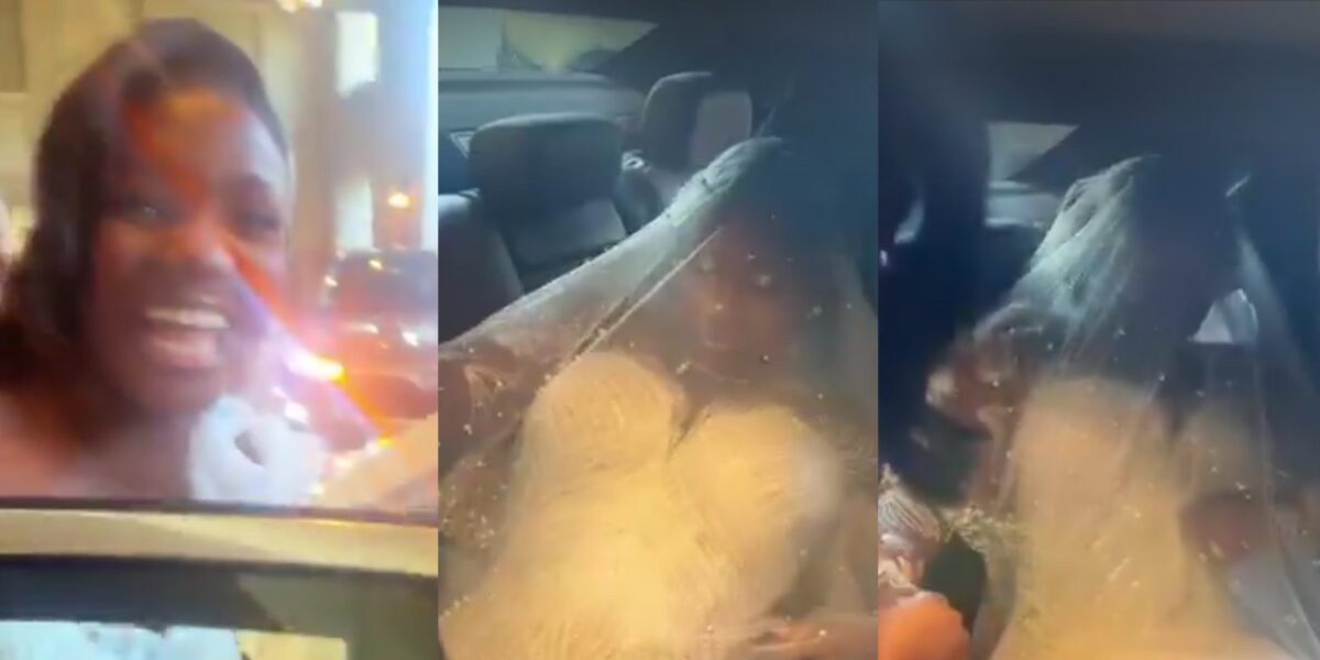Wedding day drama as bride struggles to fit into car with corset dress