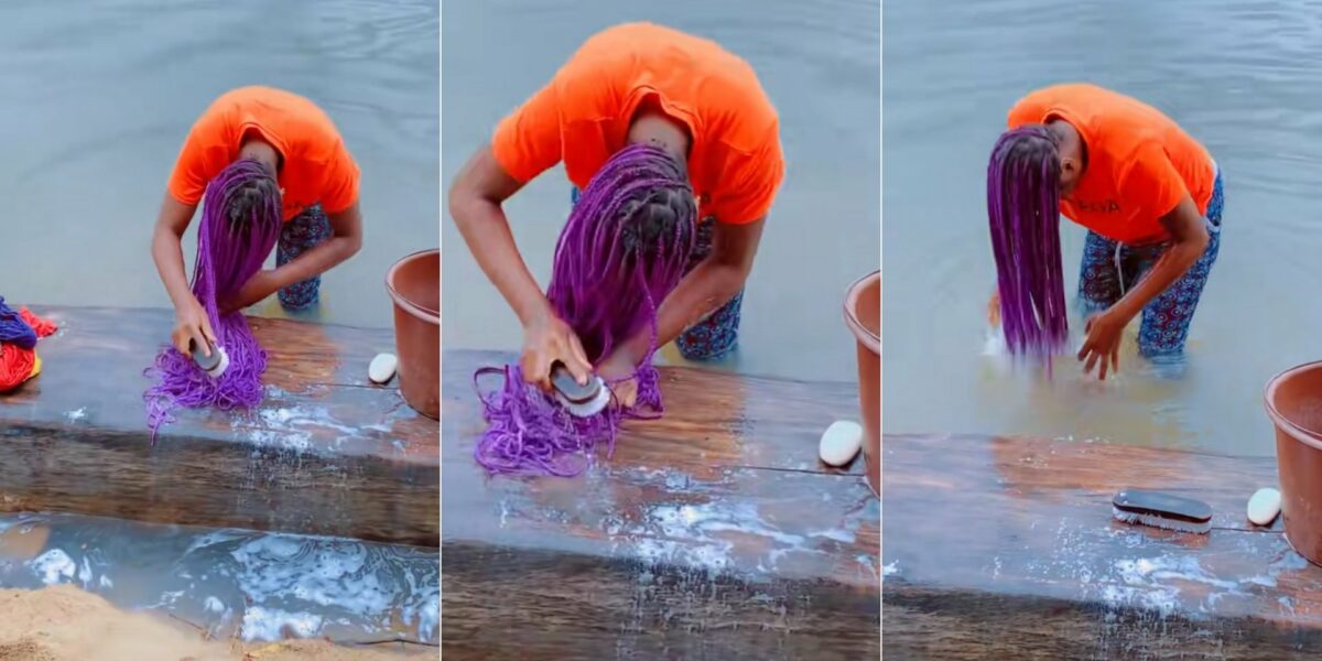 Lady spotted using hard brush to scrub her braids