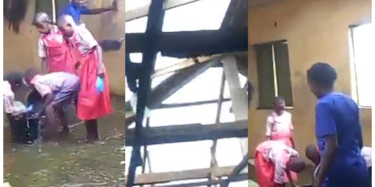 Teachers, pupils scoop water as wind blows off school roof in Ekiti