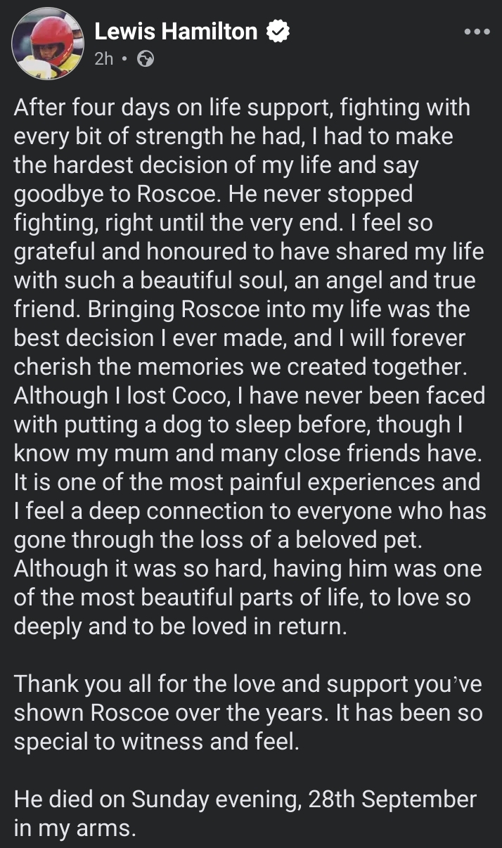 Lewis Hamilton Facebook post 