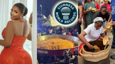 Man gives review after tasting from Hilda Baci's largest pot of jollof cook-off