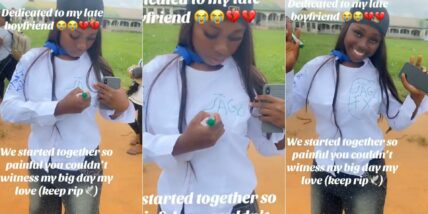 Lady honors late boyfriend by signing his name on her university sign-out shirt in touching tribute