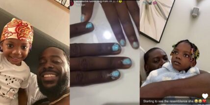 Adekunle Gold melts hearts as daughter Deja paints his nails in adorable video