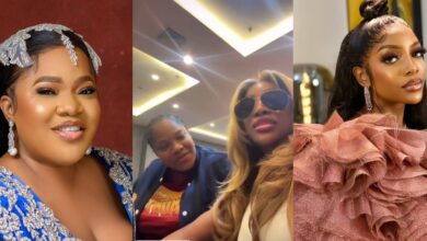Toyin Abraham playfully quizzes Chioma Goodhair in airport encounter about Priscilla and baby Rakeem