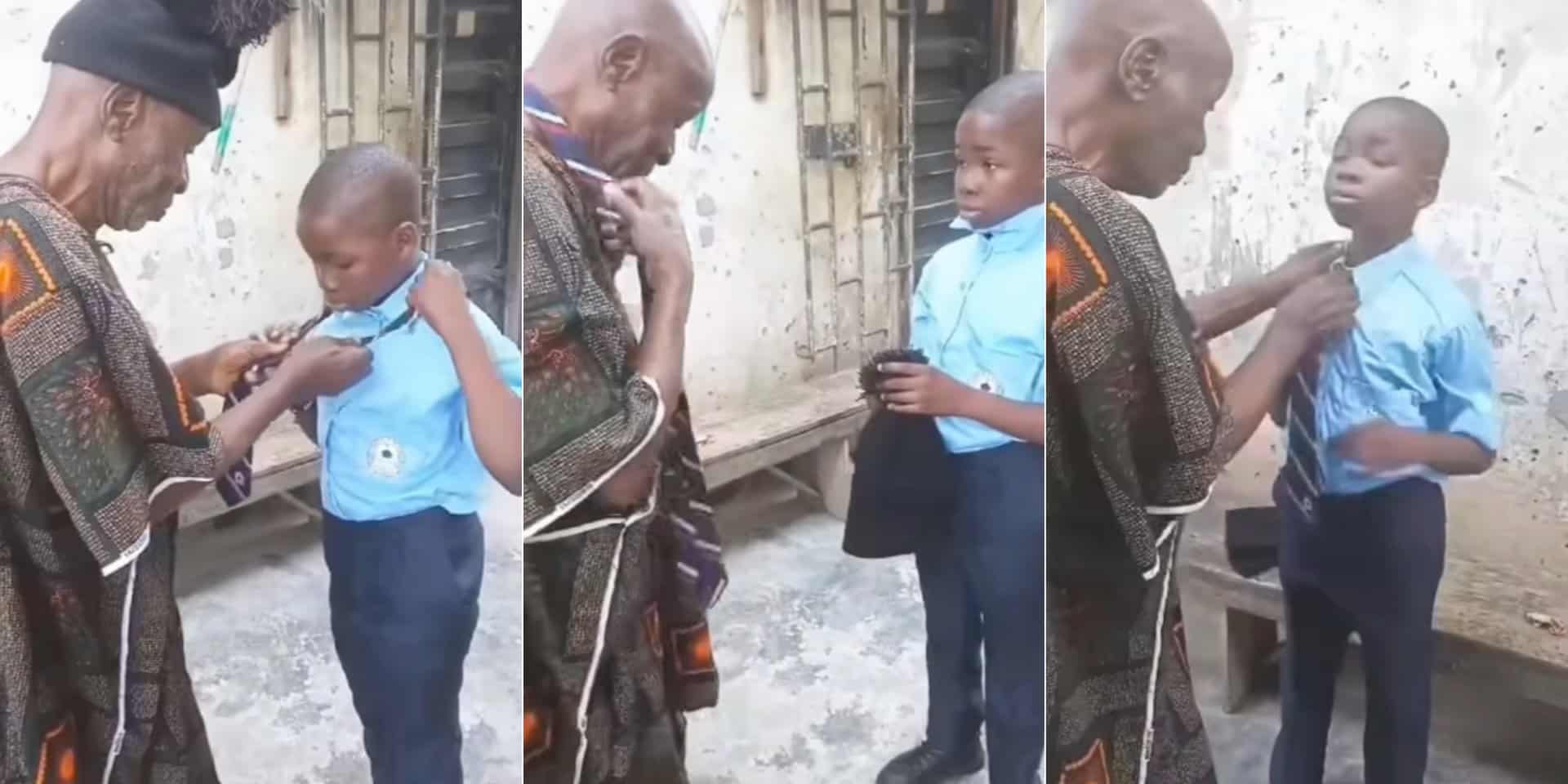 Heartwarming moment 95-year-old grandpa teaches 11-year-old grandson how to knot school tie before class