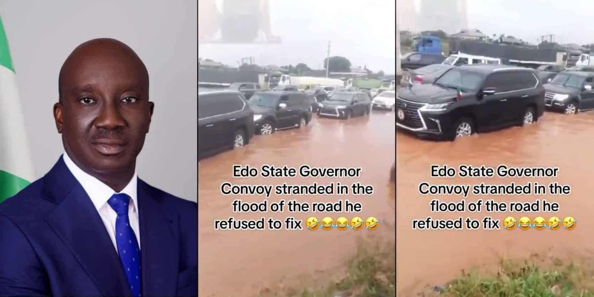 Edo governor's convoy caught in heavy flood