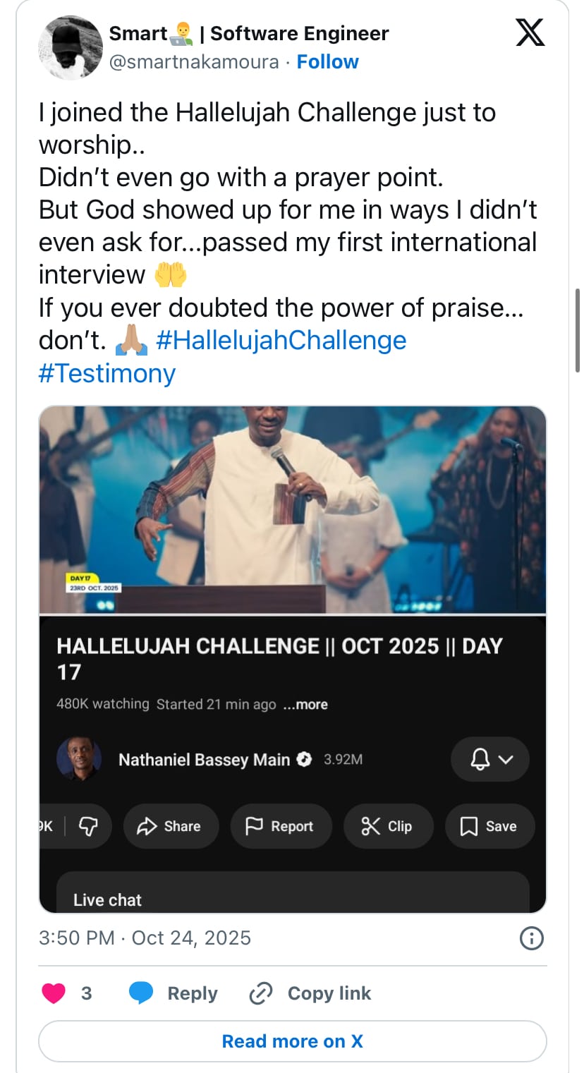 “Just joined to worship”- Man passes international job interview after joining Hallelujah Challenge without prayer request