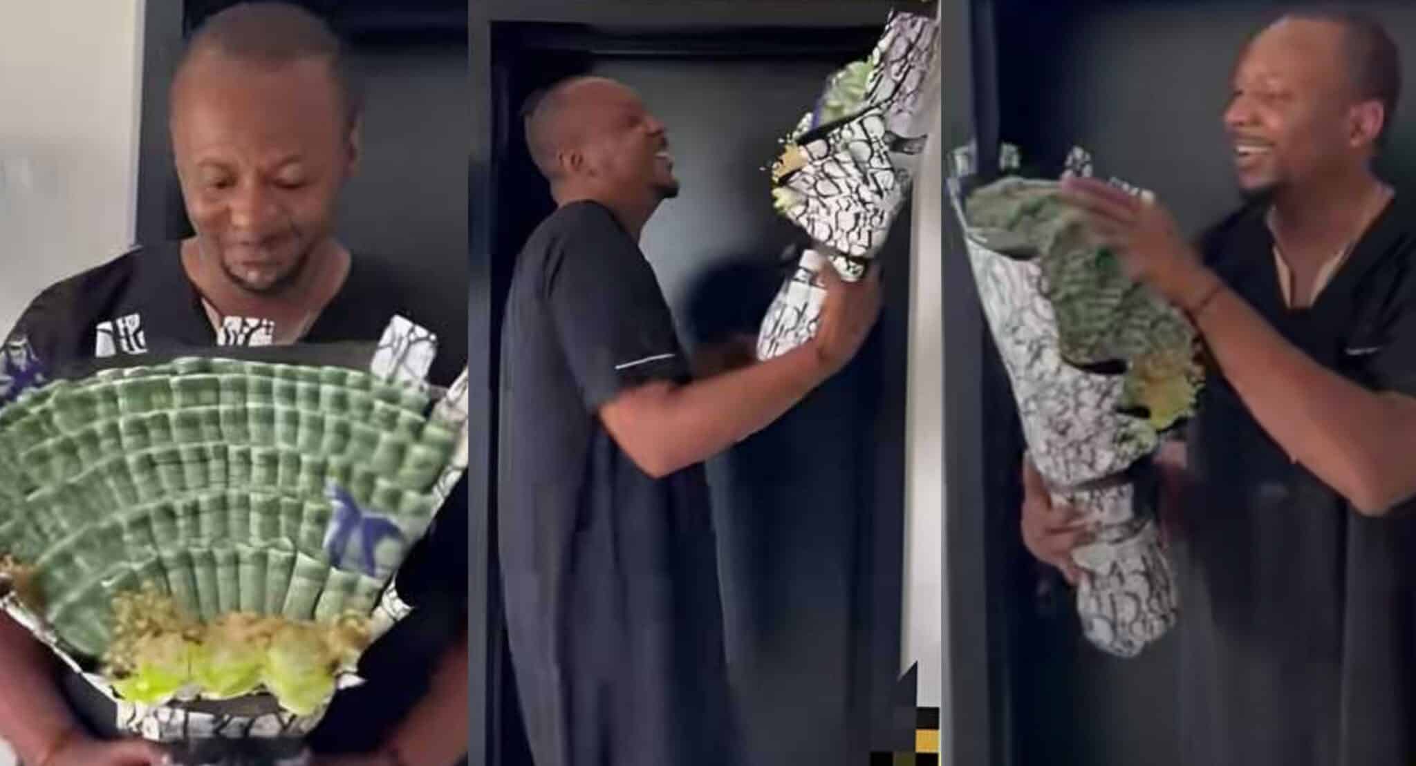 Man gets excited after sister surprises him with birthday money bouquet